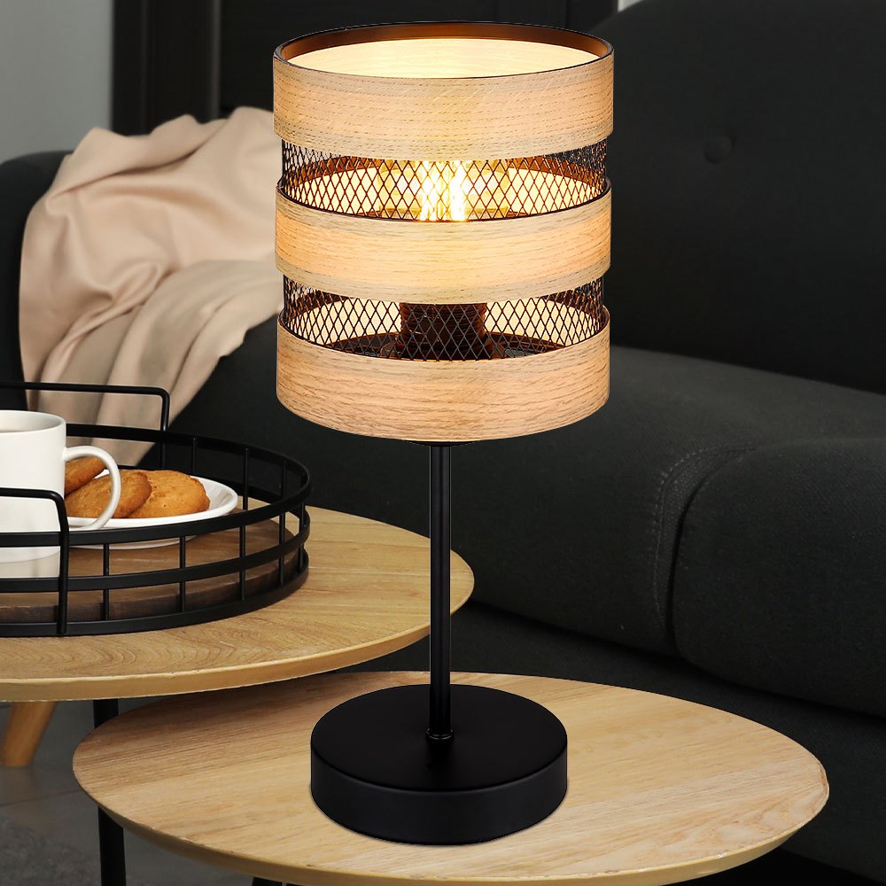 Image of Table Lamp, Bedside Lamp With Wooden Details, Grid Shade, Metal, Black, Brown, Matte, 1x E27 Socket, Dxh 15x33.5 Cm Without