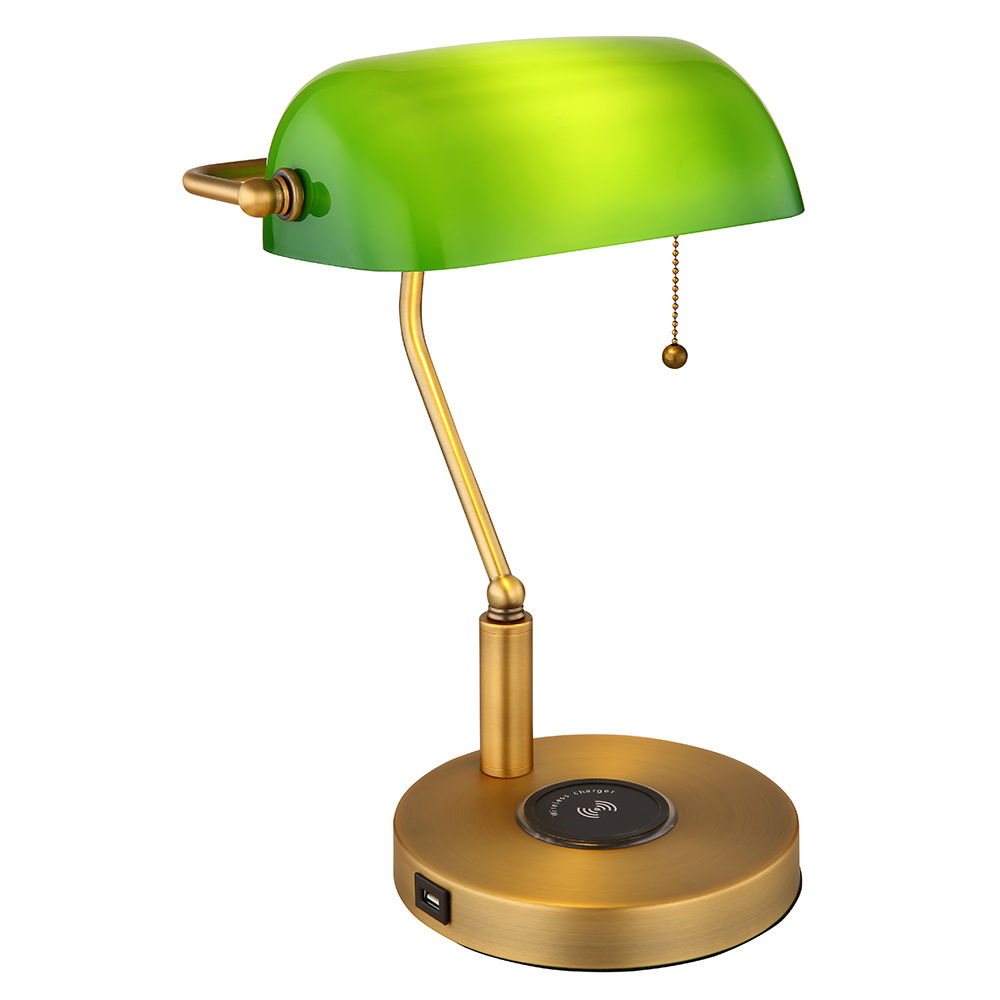 Led Desk Lamp 's Lamp Table Lamp Antique Brass Glass Green Reading Lamp, Wireless Charging Usb Port, Toggle Switch, 7w 806lm Warm White, Lxh 26.5x36 Cm Model 10582k