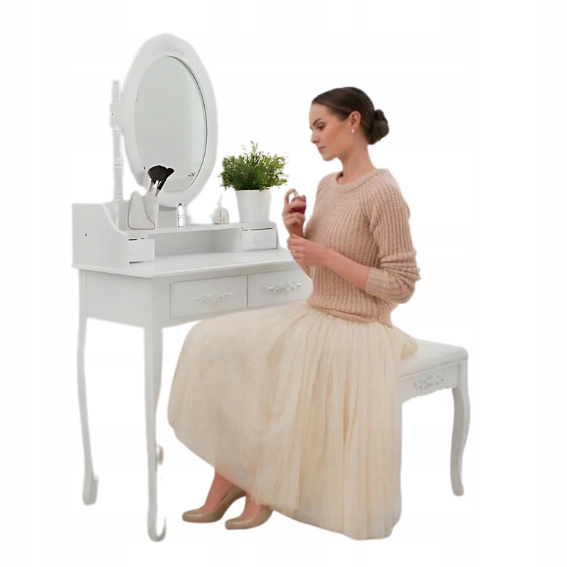 Różyczki Cosmetic Vanity With Mirror, White + Stool
