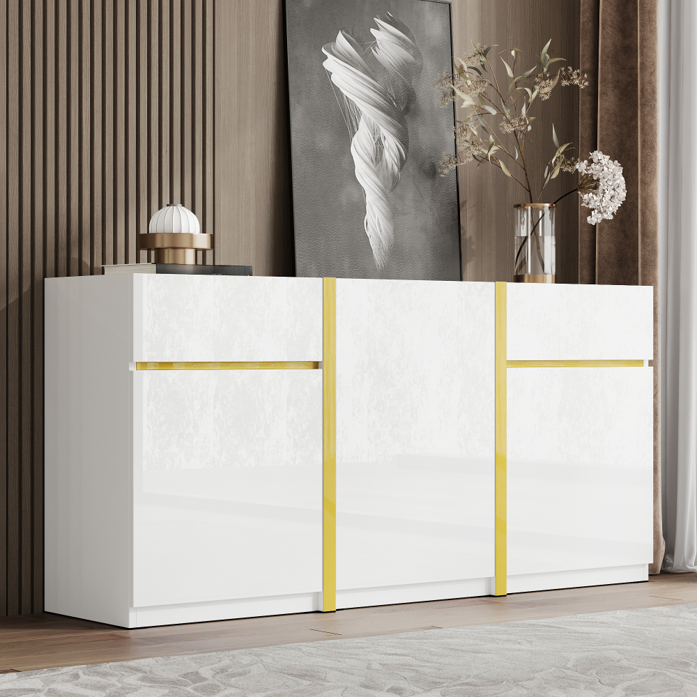 Image of Luxurious Sideboard With High-gloss Surface, Golden Details, 2 Drawers & 3 Doors For Dining Room & Living Room
