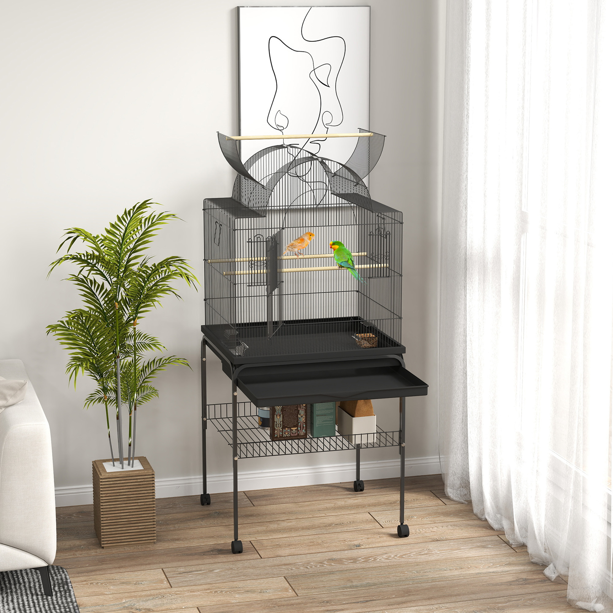 Image of Bird Cage Wave Parakeet Cage With Tray, Shelf, Food Bowl, Parrot Cage With Rollers For Parakeets, , Lovebirds, Steel 63 X 53 X 144
