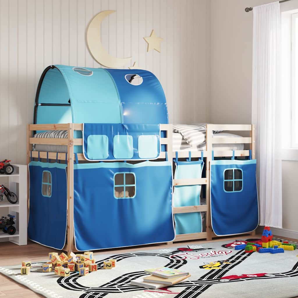 Vidaxl Bunk Bed, Children's Bed With Curtains Ladder, High Bed Play Bed For Children From 6 Years, Bed, Blue 80x200cm Solid Wood Pine
