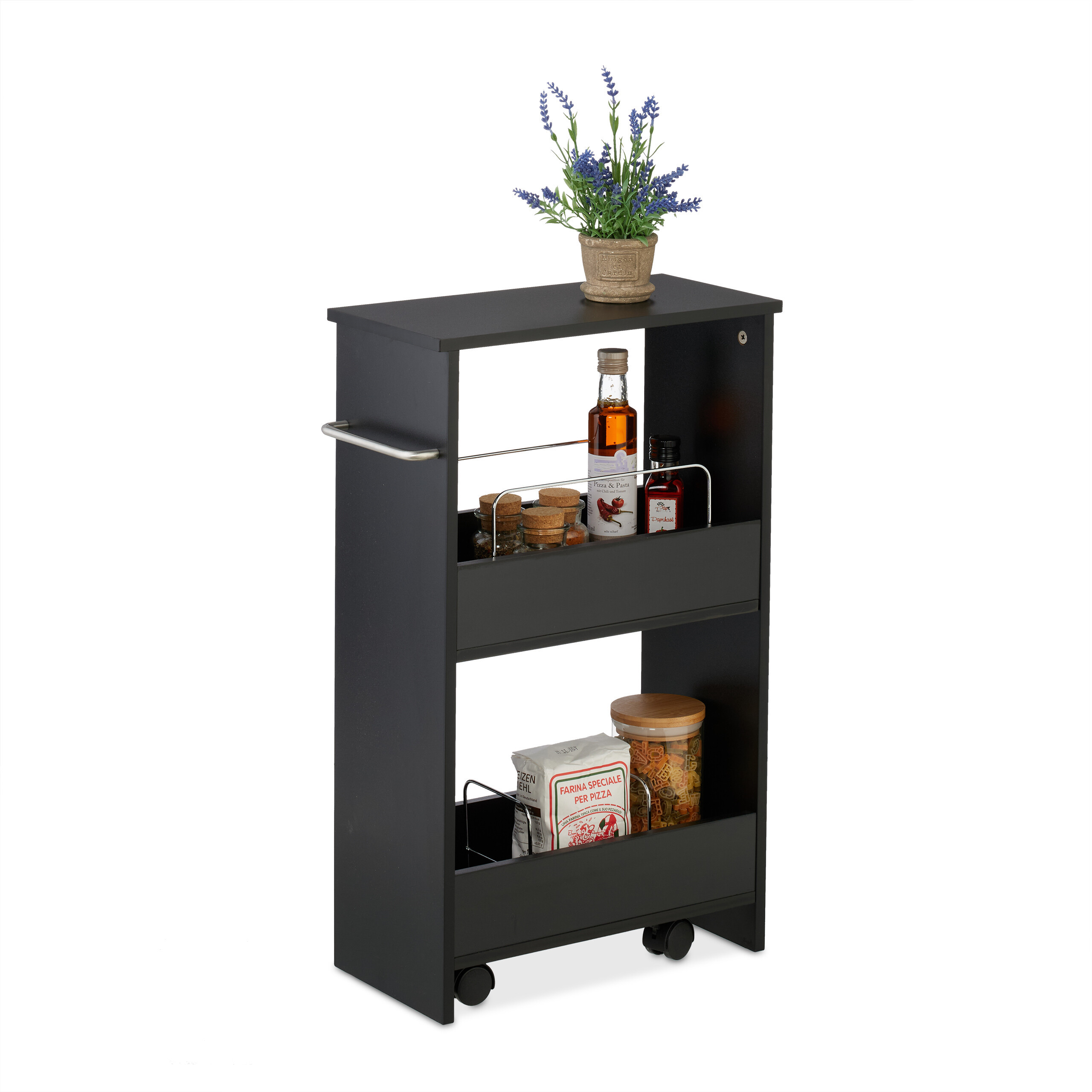 TEMU Narrow Niche Cart, 3 Shelves, 66.5 X 42 X 20 Cm, Mdf, Iron, And Plastic, Black, 4 Wheels With 2 Brakes, Raised Edges, For Kitchen, Bathroom,