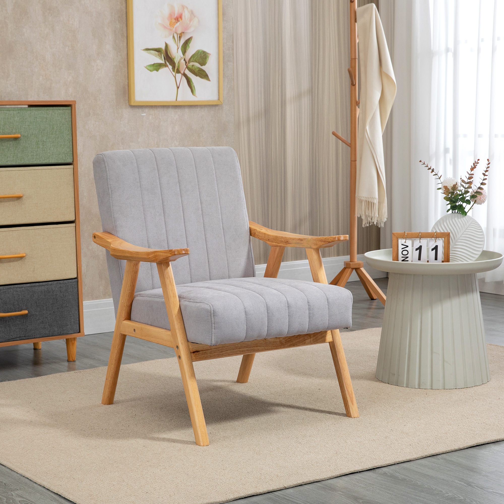 Upholstered Chair With Armrests, Velvet Look Lounge Chair, Relax Chair With , Armchair For Living Room, Bedroom, Rubber Wood Legs, Light Gray, 68 X 74 X 82 Cm