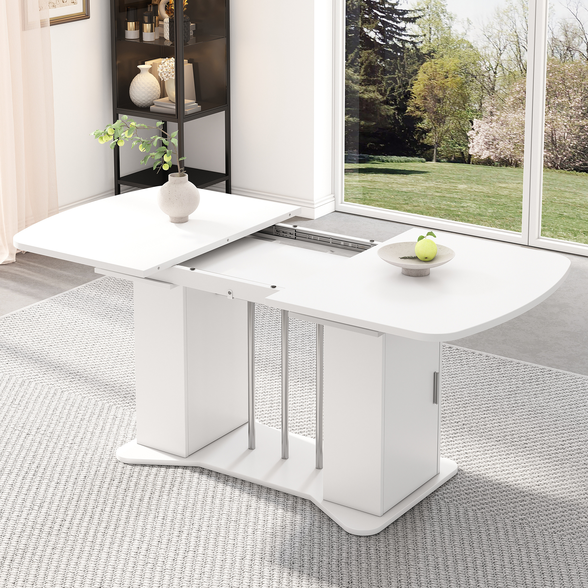 Extendable Dining Table 120/160 X 80 Cm, , Silvery-plated Metal Legs, Dining Table With Storage, Multifunctional Dining Table, Suitable For 4-6 People, White + Silvery-plated Legs