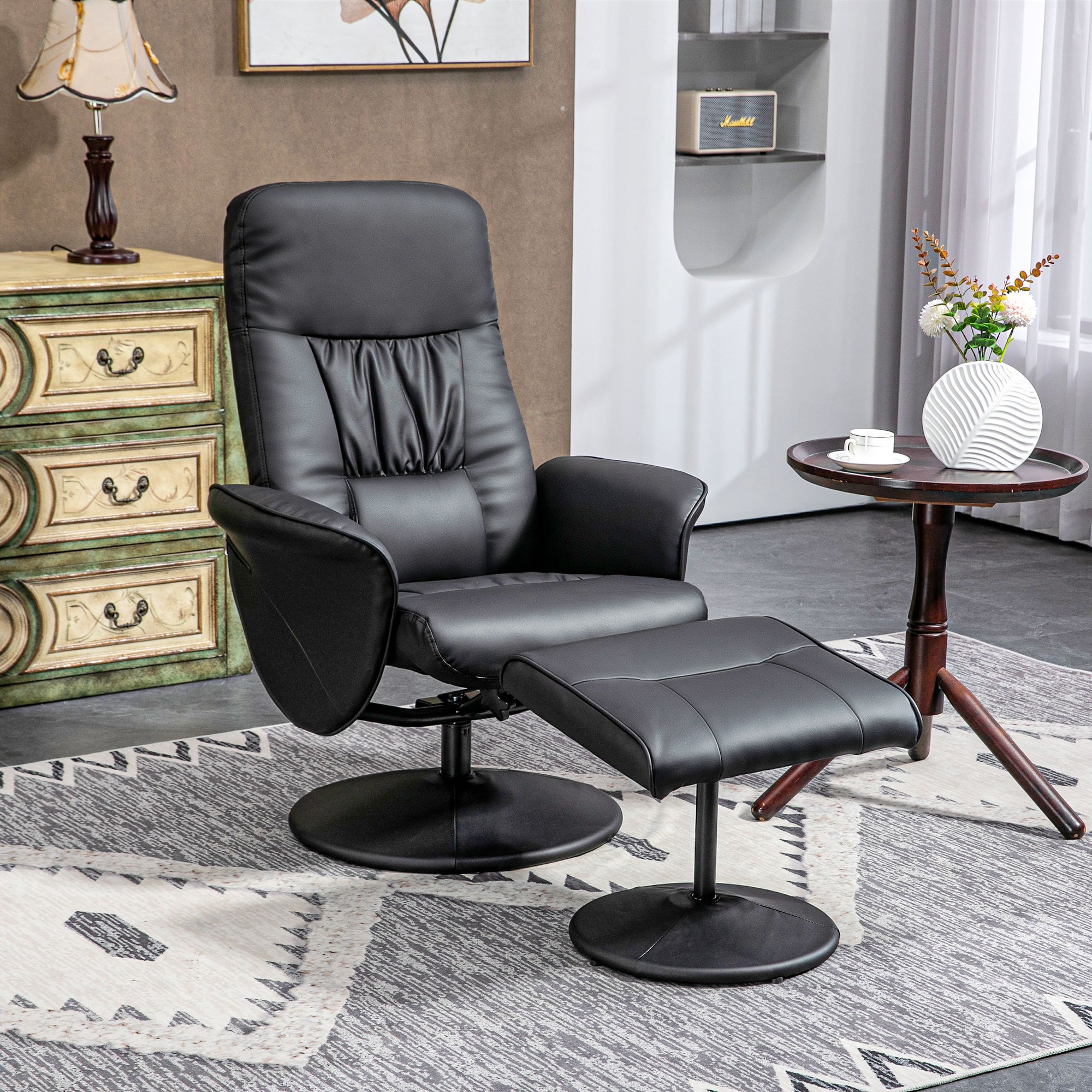 Relax Chair With Stool, Tv Chair, Tv Chair With Reclining Function, Swivel Upholstered Chair For Living Room, Bedroom, Artificial Leather, Black