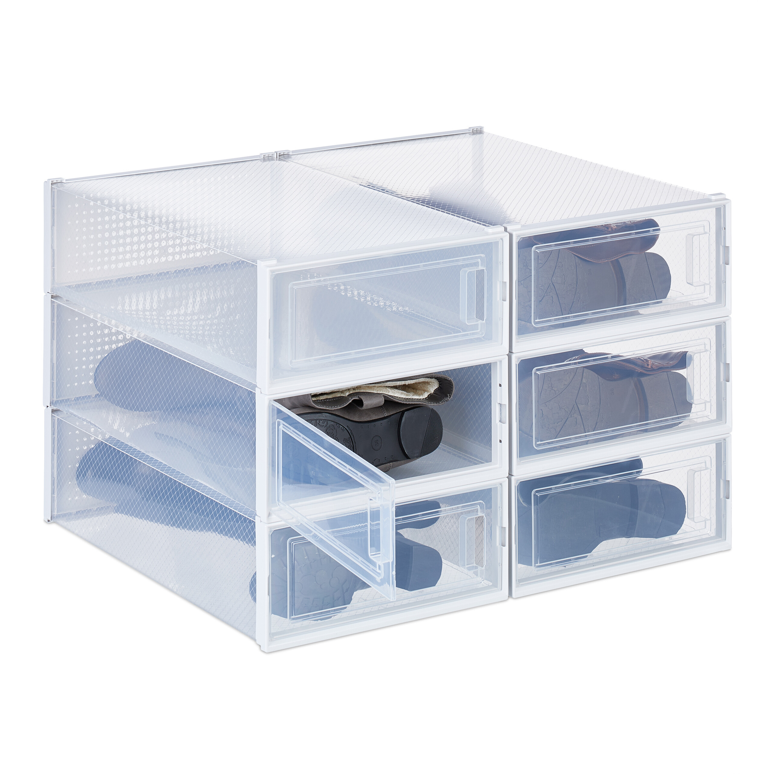 TEMU Cajas para botas, set de 6, 13.5 x x 52 cm, PP y ABS, transparentes con blanco, apilables con de clic, plegables, ranuras de ventilación,