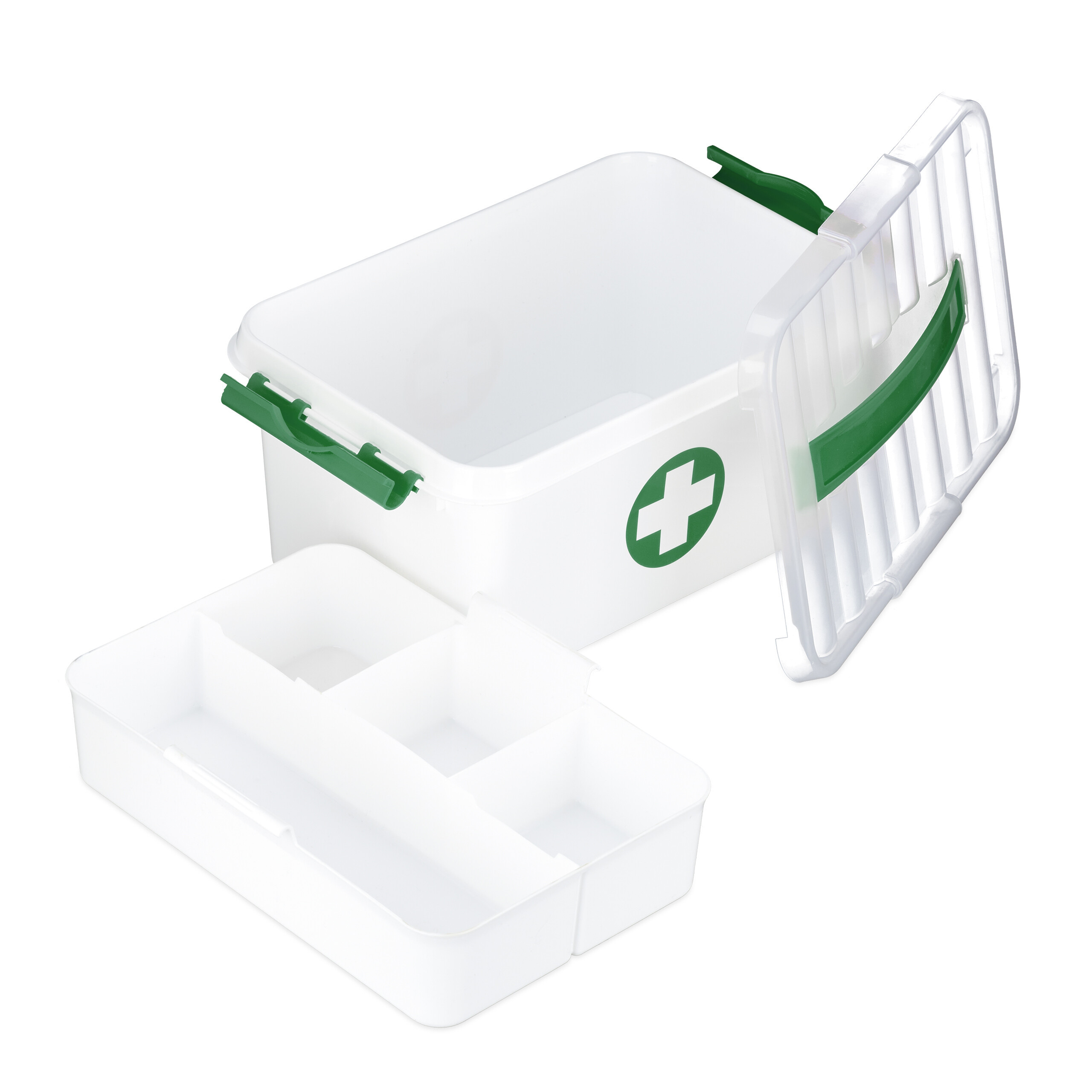 Image of Medicine Compartments, Plastic, X 30 X 20 Cm, White-green, With Removable Insert And Carrying Handle, Empty, For Home , Office, Hotel, School And , Medicine Box, Kit, Relaxdays