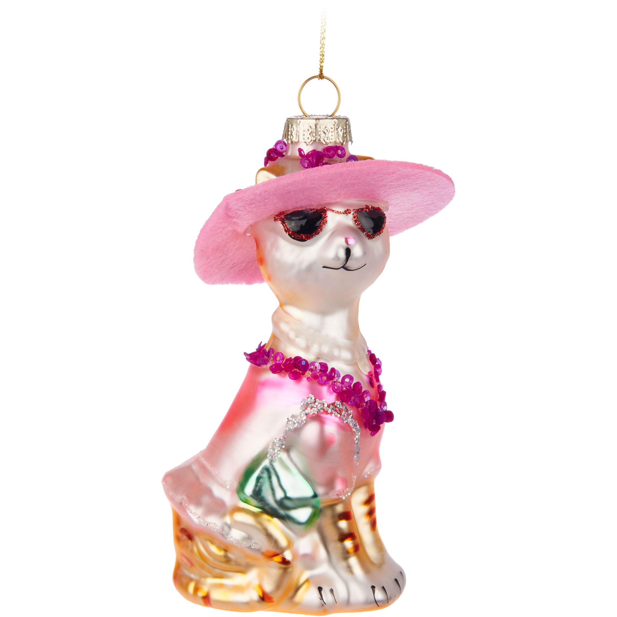 Image of Brubaker Designer Cat With Fashion Hat, Sunglasses, Dress & Handbag - Hand-painted Glass Christmas Ball - 12 Cm Tree Decoration - Funny Christmas Tree Ornament Figure