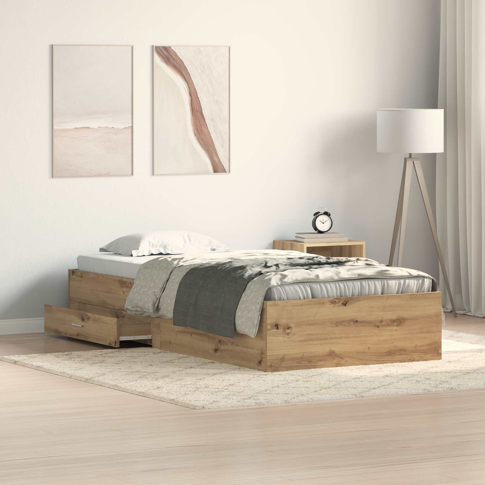 Storage Bed Frame With Oak Wood - 90 X 200 Cm Wood, Stylish Storage Bed Frame, Rectangular , Wooden Furniture For Modern Bedrooms