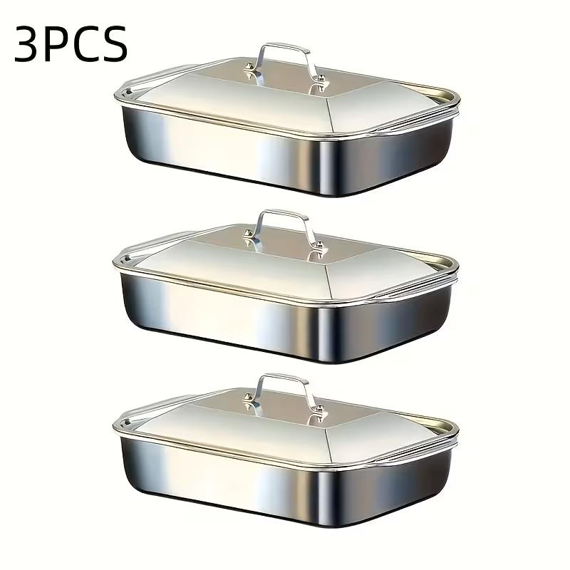 TEMU 3pcs Stainless Steel Roasting Pan Baking Pan Set With Lid And Handles, Large-capacity Oven Tray Perfect For Roasting Fish, Meat, Essential