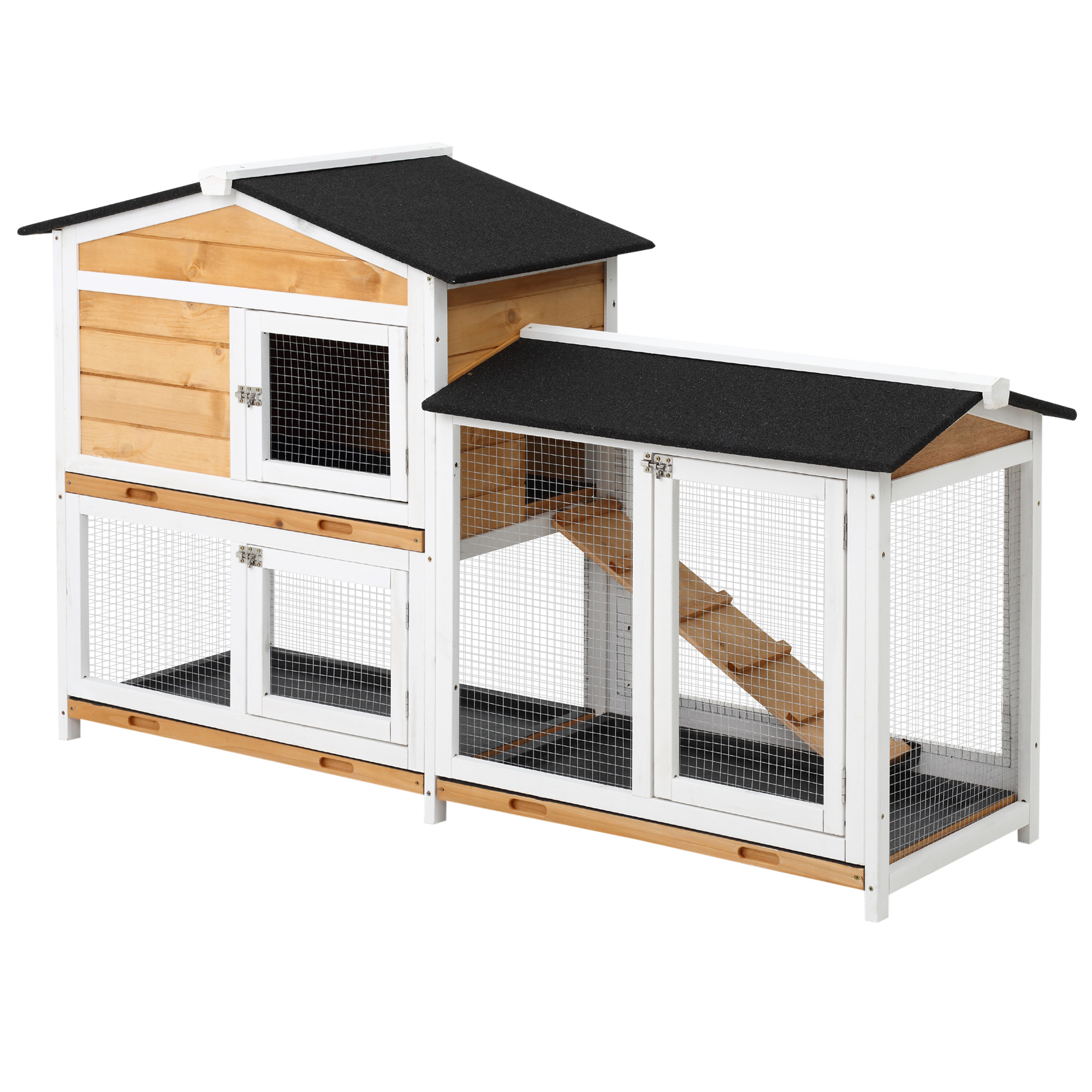 TEMU Clôture Extérieure en Bois pour Lapin PawHut Cage à Lapin à 2 Niveaux en Asphalte 2 Corrals Métalliques Plateau Amovible 2 Portes et Rampe