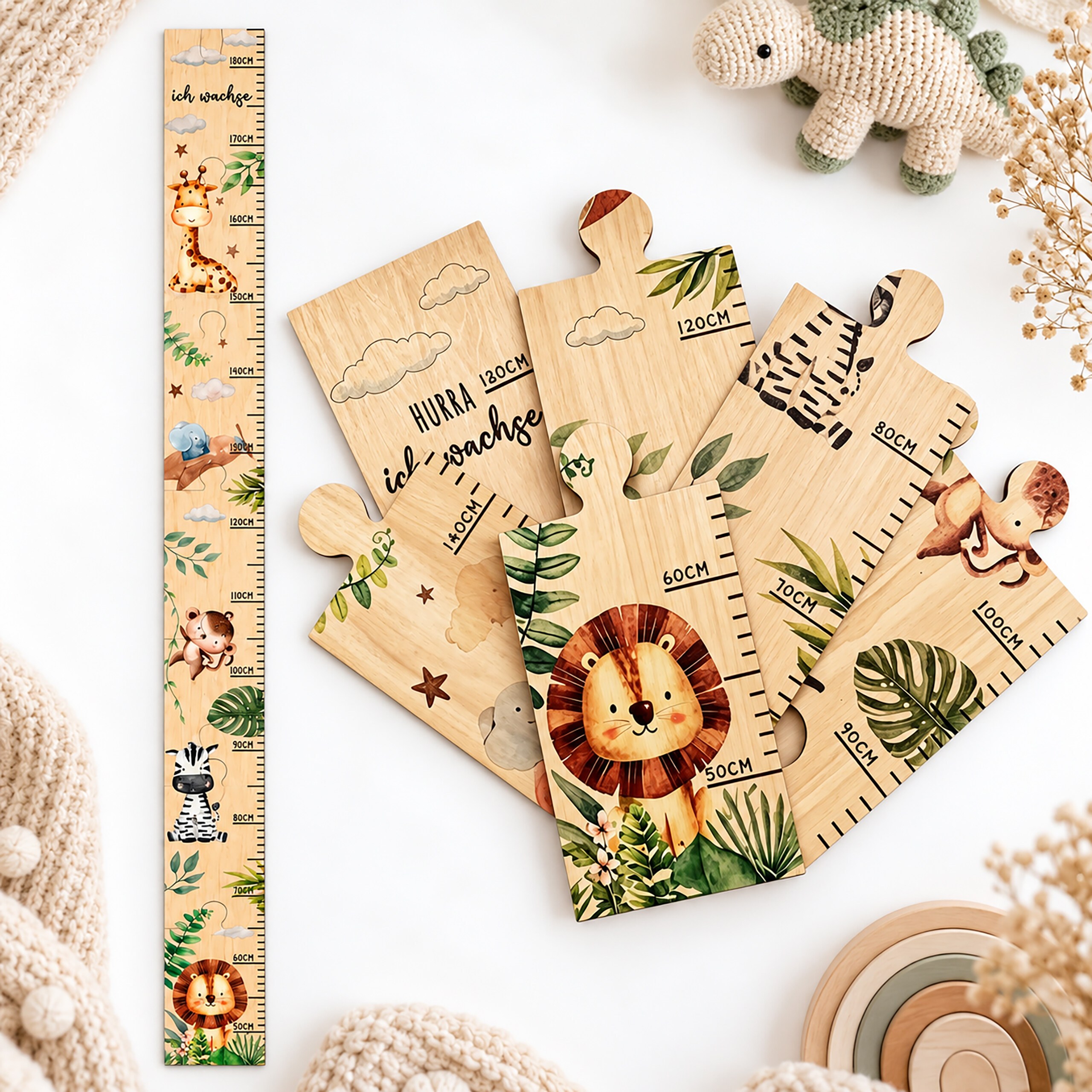 Image of Measuring Rod For Kids, Jungle, 50-180 Cm, Pine Wood, Puzzle Plug-in System, 15 Double-sided Adhesive Pads, No Drilling, For The Room, Birth, Baptism, And Birthday, , Growth Chart, Ruler, Relaxdays