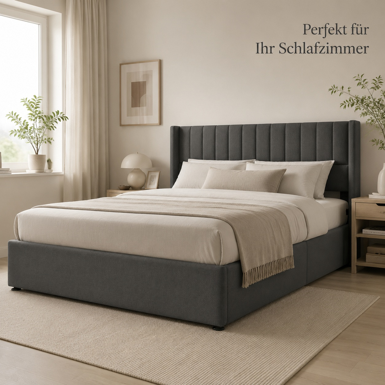 Image of Hydraulic Storage Bed 180x200 Cm, Grey, Linen, Upholstered Headboard, Slatted Base, Bed Box, For Bedroom, Modern
