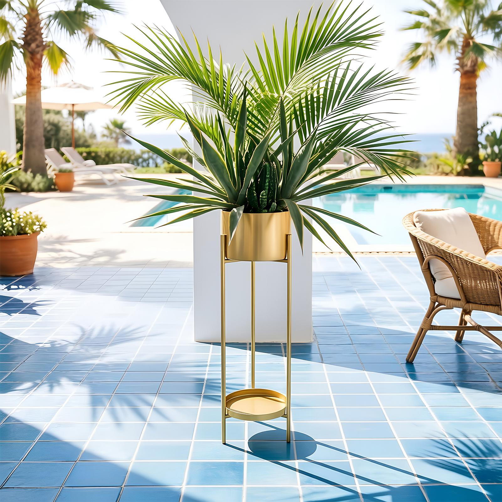 TEMU 1pc Modern Gold Plant Stand Iron Flower Pot, 2-tier Tall Flower Holder With Round Shelf, Floor Plant Display Rack For Indoor & Outdoor Living
