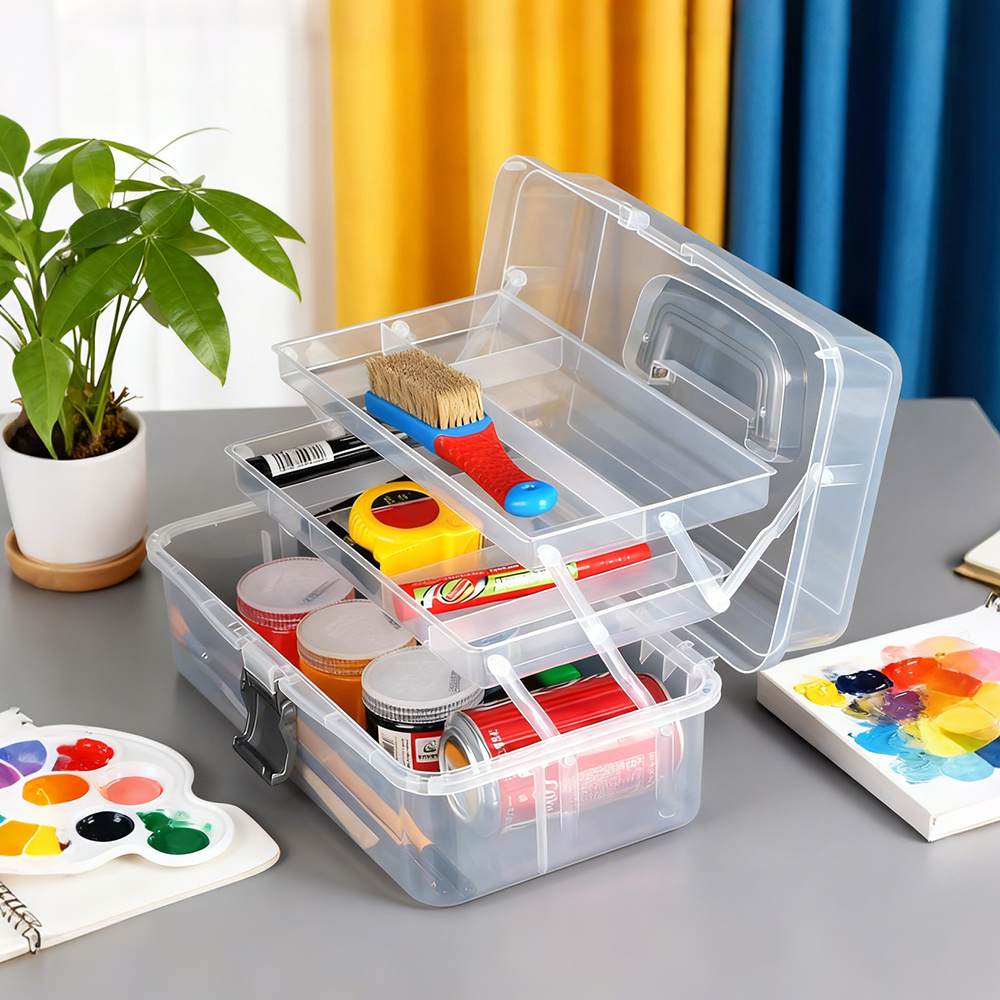TEMU Plastic Material Portable Storage *19*14cm Transparent Color, Three-layer Multi-compartment Design, Desktop Tool Storage Box Lightweight And