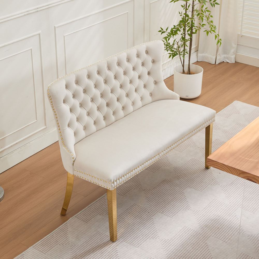 Image of Modern Two-seater Bench With Upholstery (116x58x89.5 Cm) - Soft And Skin-friendly Velvet, Golden Stainless Steel Legs, Capacity - For Dining Room, Living Room, Lightly Luxurious Furniture.