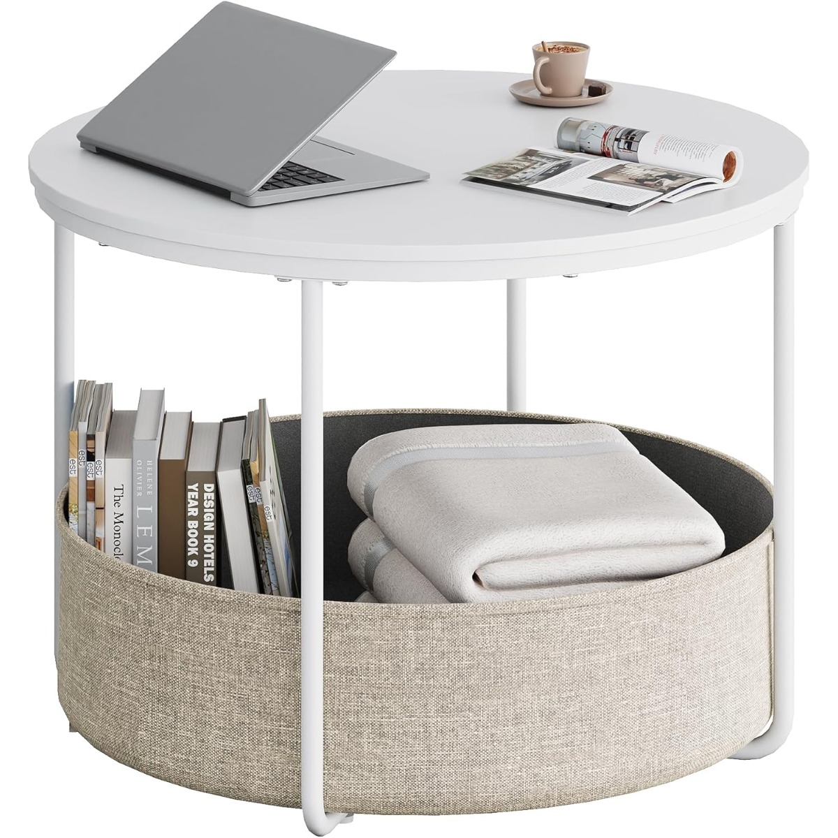 Image of Round White Coffee Table 60 Diameter, Living Room Table With Fabric Basket, Metal Frame, Living Room Table For Couch, Coffee Table For Living Room, Bedroom (60 Diameter)