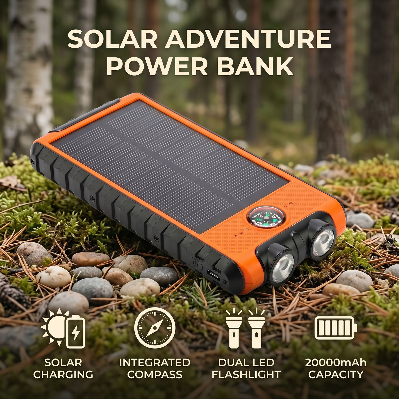 Image of Outdoor Powerbank 20000 Mah Solar Charger With 2 Output Ports And Usb C External Battery Input Port Solar Power Bank With For Smartphones, Tablets (black + Orange)