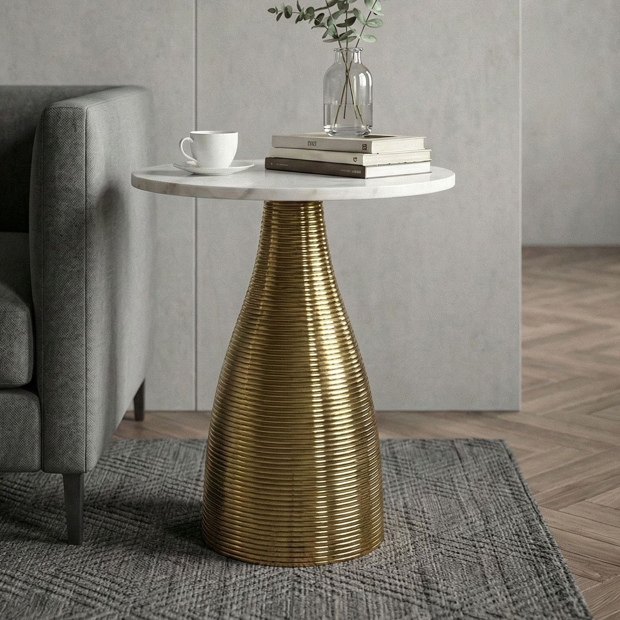 Image of Round Side Table 40cm Gold With Marble Top - Living Room Table Natural Stone End Table - Sofa Metal Coffee Table - Modern Handmade Living Room Table
