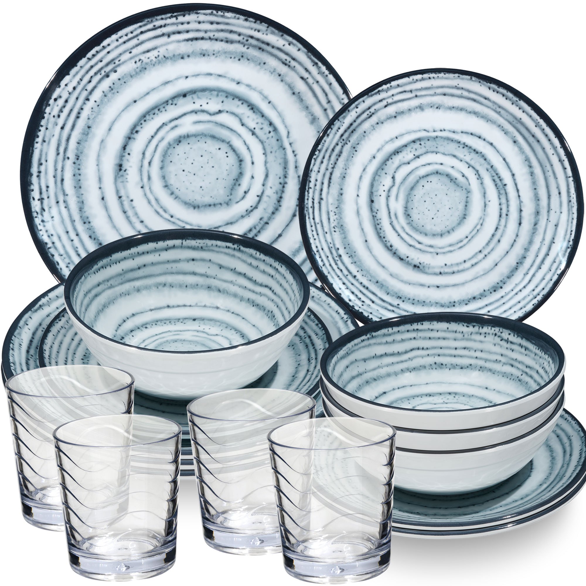 Melamine Dinnerware Set For - 16 Pieces - With Clear Drinking Glasses 250 Ml - Stoneware Look Dishwasher Safe Dinnerware Camping Accessories Camping Tableware Camping