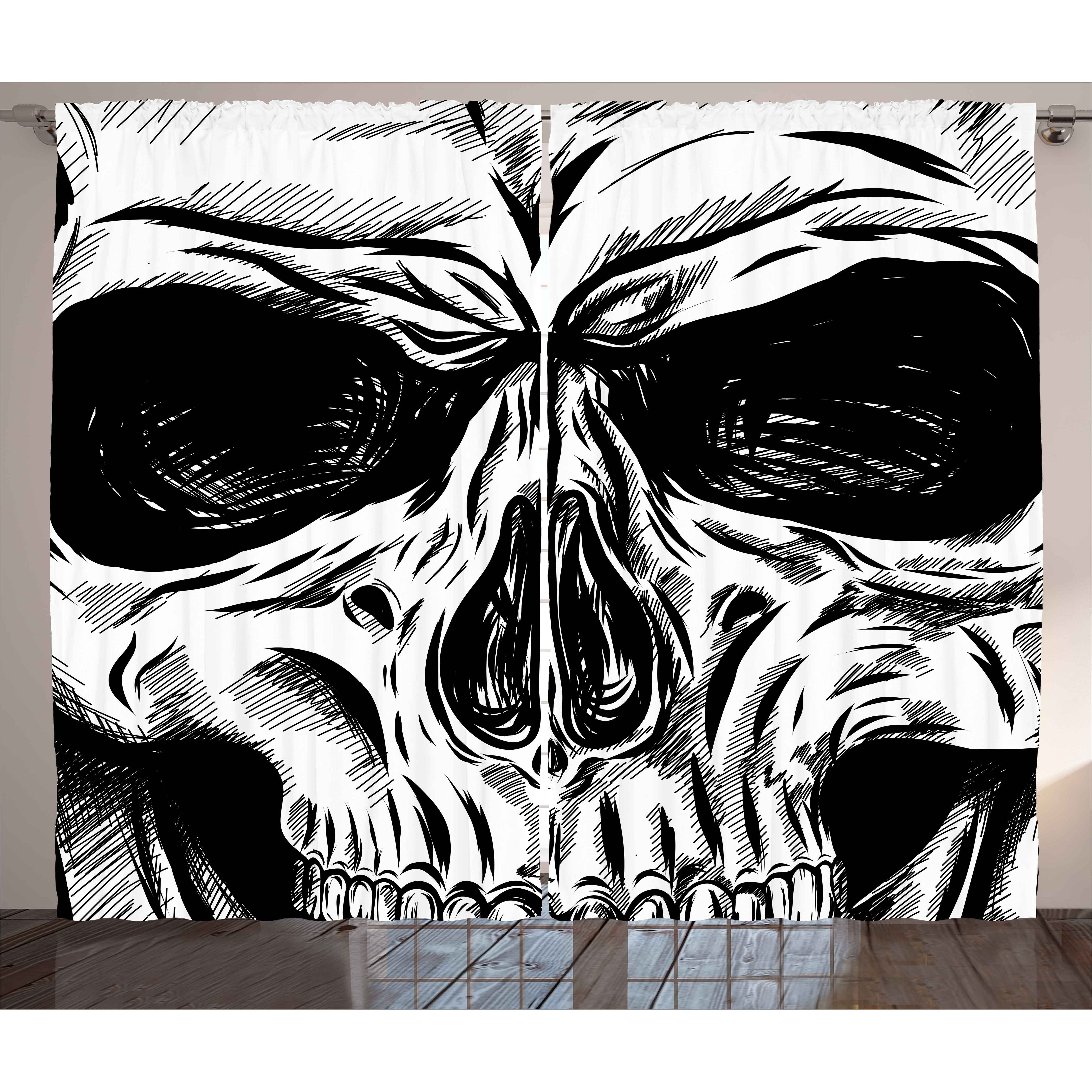 Rustic Curtain, Gothic Sketch Evil Face, Living Room Universal Tie-back Curtains With Loops And Hooks, 280 X 175 Cm, White Black