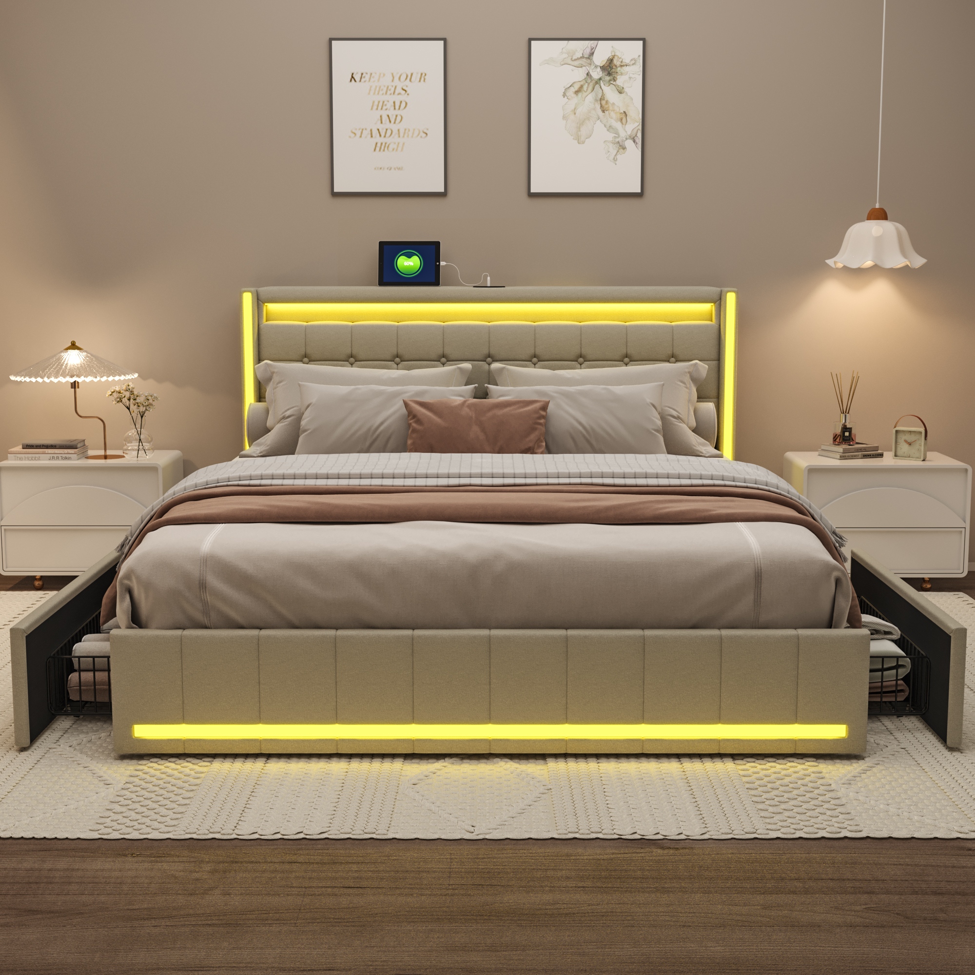 E-shop Geschenk für einen Freund: Bettgestell mit Stauraum, Massivholzbett, Doppelbettgestell mit Stauraumfunktion, Kopfteil mit LED-Beleuchtung und
