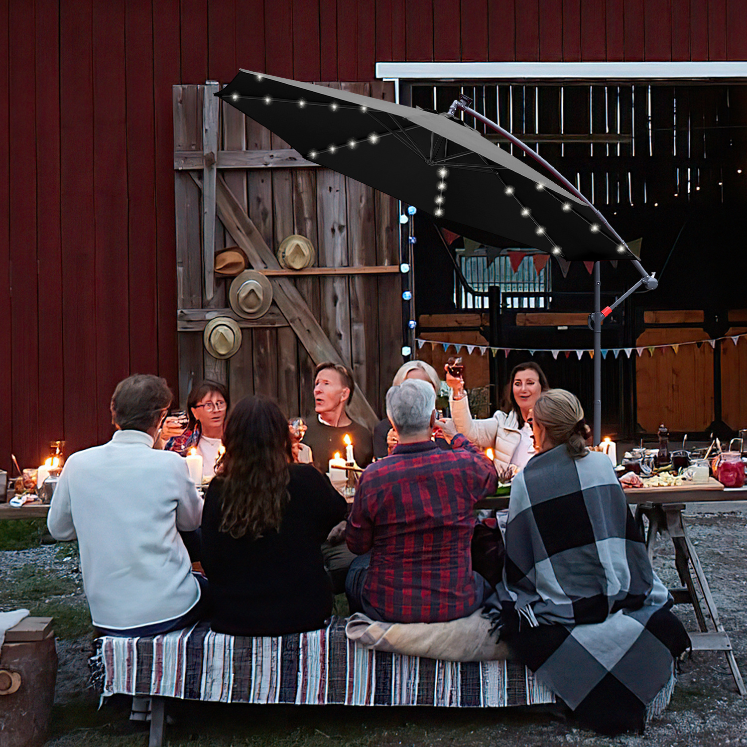 Parasol, parasol cantilever, avec support et lumière, protection solaire, protection UV jusqu'à UV30+, ouverture et fermeture faciles, pour jardin, terrasse, 300 cm