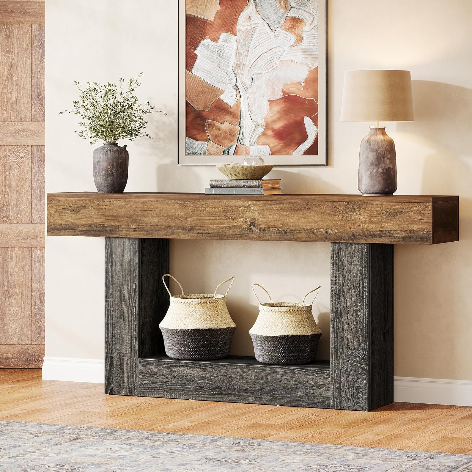 E-shop Vintage-Consolen-Tisch 63 Zoll lang 2-stufiger Eingangstisch Sofatisch mit Aufbewahrung, Bauernhaus-Holz hinter dem Couchtisch für Wohnzimmer