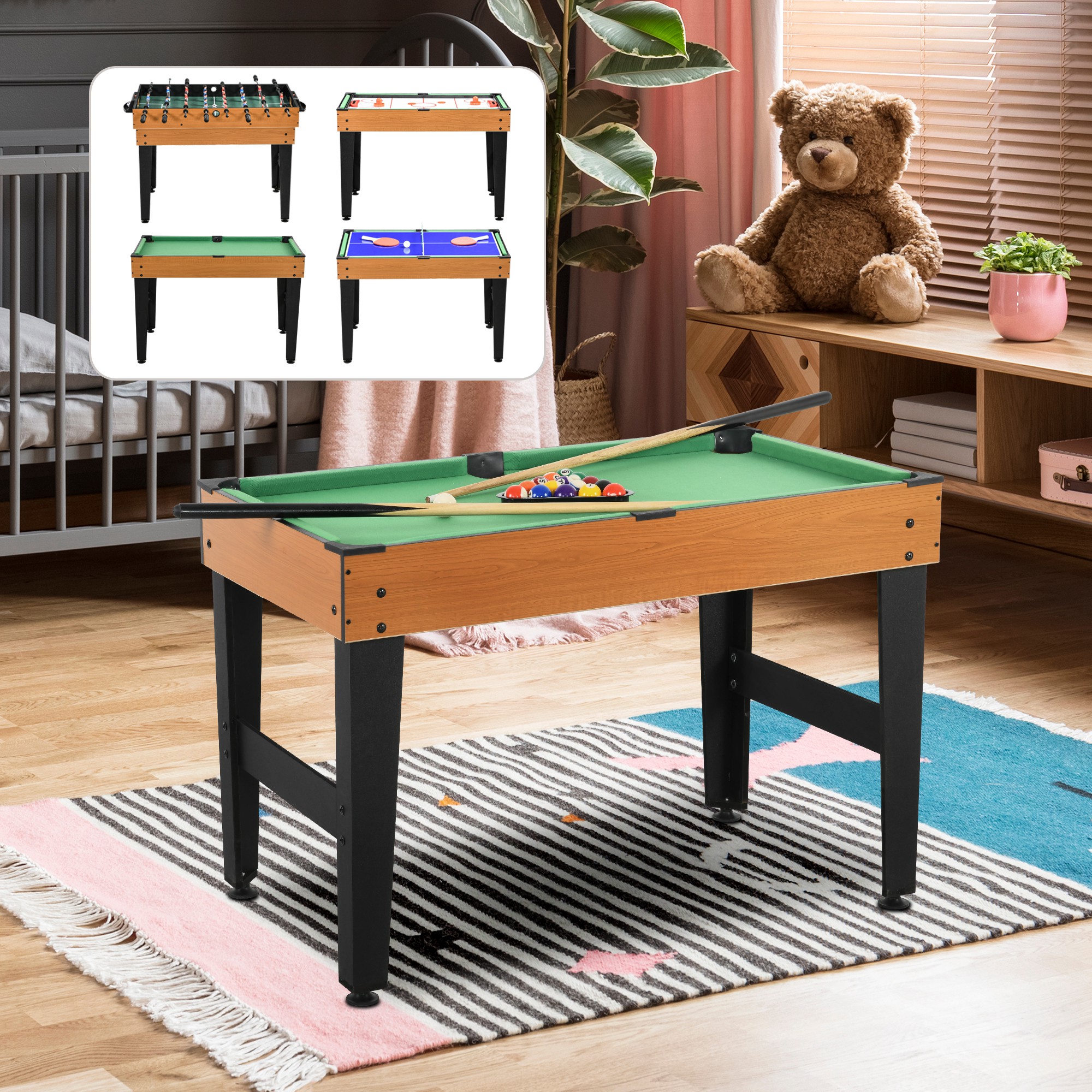 Image of 4 In 1 Multigame Game Table, Party Game Table With Table Tennis, Foosball, Billiards, Table Hockey, For Multiplayer Fun, Steel, Natural Wood + Black