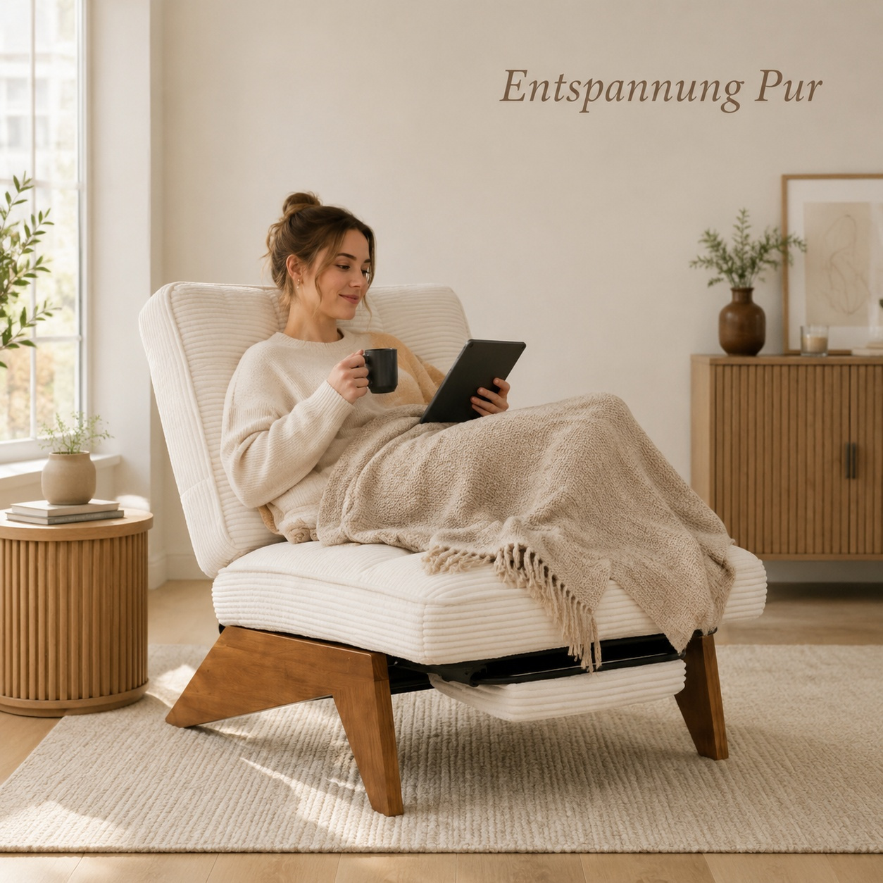 Image of Cream-colored Striped Corduroy Recliner Chair, Adjustable Backrest, Extendable Footrest, With Lumbar Pillow, Solid Wood Armchair For Living Room Balcony 127*73*90cm