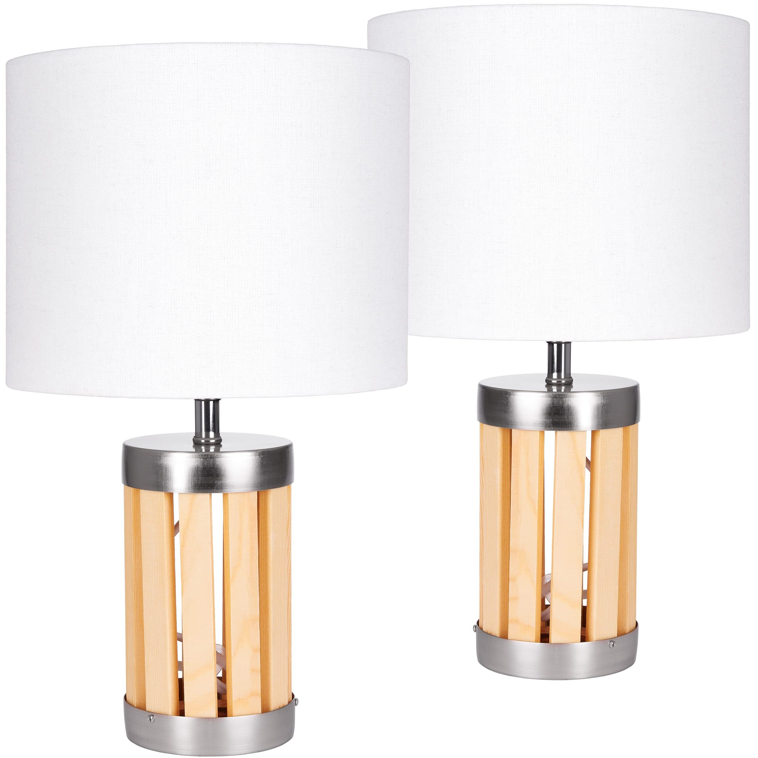 Image of Brubaker 2pcs Set Table Or Nightstand Lamps - 33 Cm Height - Base Made Of Wood/metal - Beige Textile Shade (bulb Not Included)