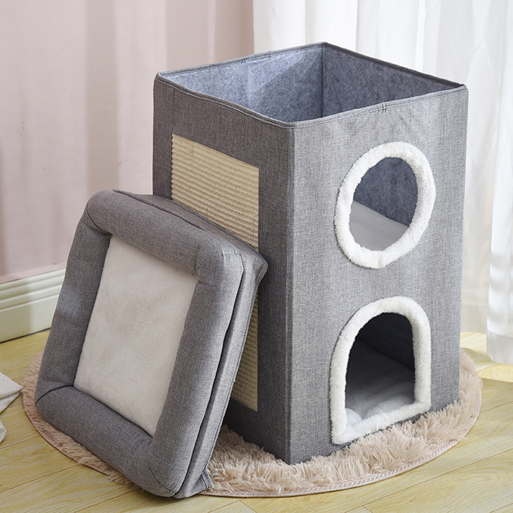 TEMU 3-tier Indoor Cat House Foldable Cat Cave With Cat Scratcher Pad And Removable Cushion Multipurpose Cat Condo 63x41x38cm