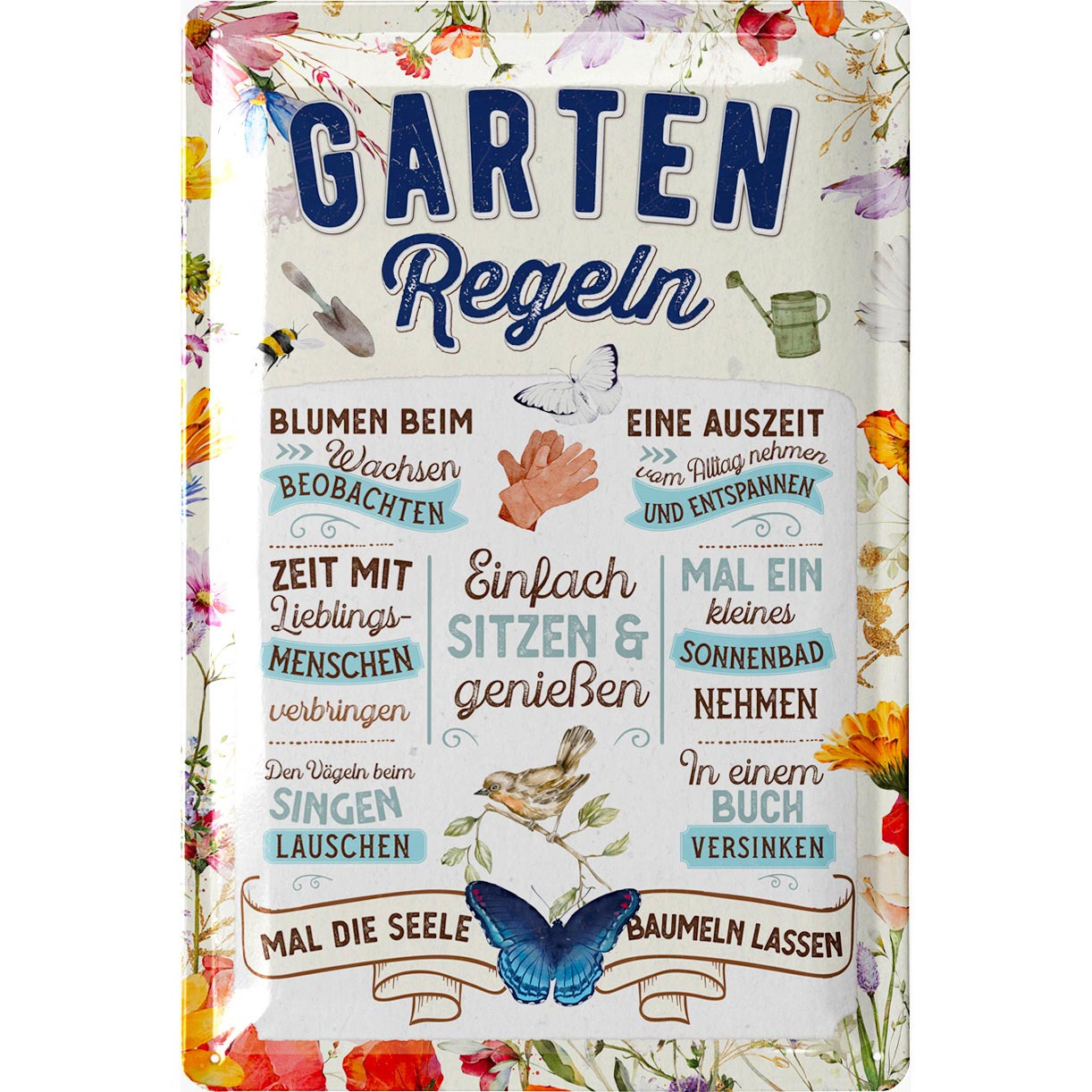 E-shop Retro Blechschild Gartenregeln Schild - Blechschilder Garten mit Sprüchen - nostalgische Dekoration als Geschenke - retro Deko vintage