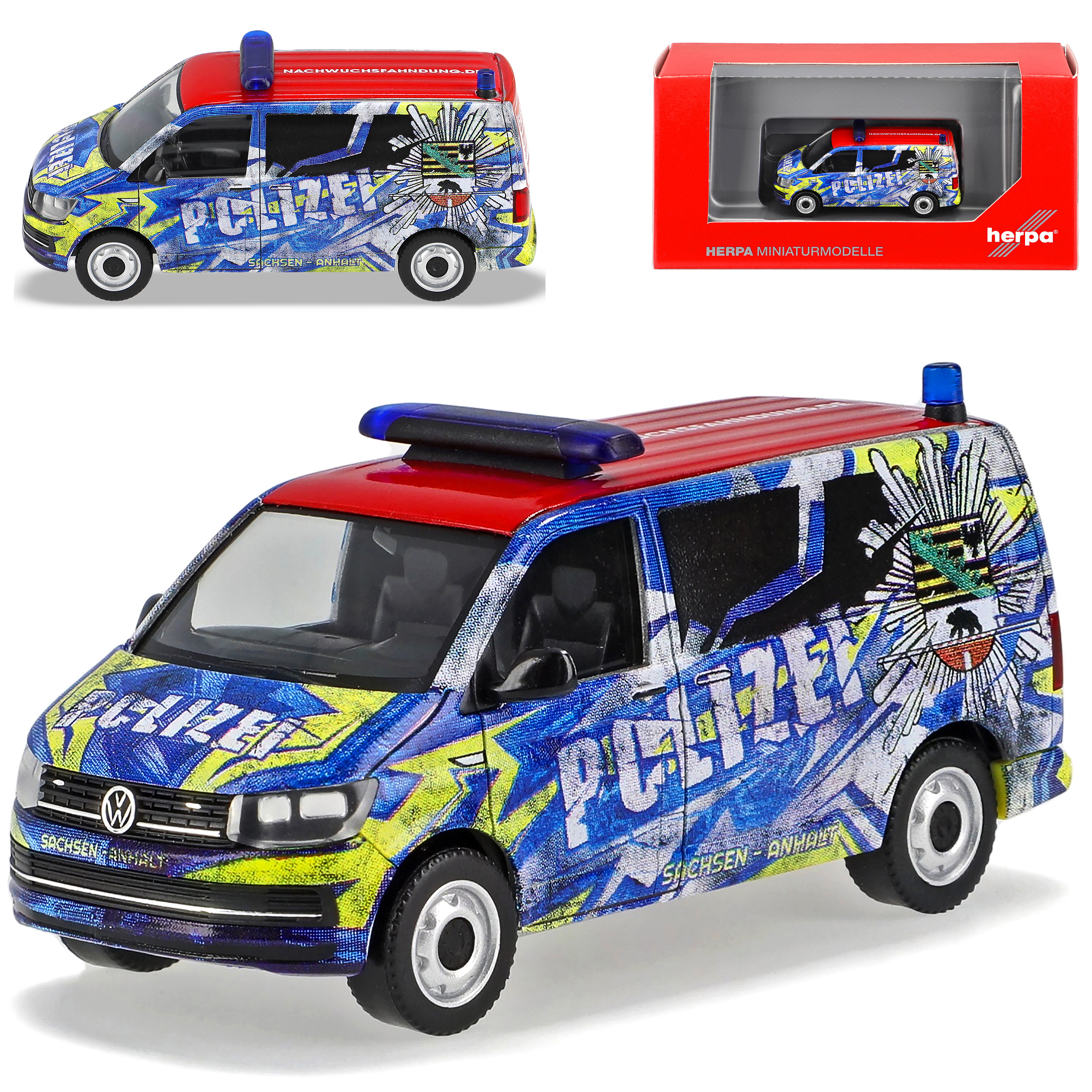 Vw Police Bus Saxony-anhalt Information Mobile Blue Transporter T5 From 2. Facelift 2015-2019 H0 1/87 Model Car