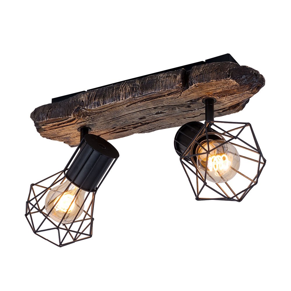 Ceiling Lamp Living Room Wood Optic Ceiling Spotlights 2 Retro Wicker Spots Adjustable, Metal Plastic, 2x E27 Socket, Lxbxh 38.5x12x23 Cm