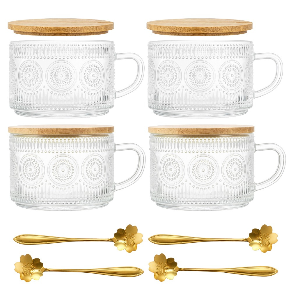 TEMU Embossed Vintage Glass Coffee Cups 4pcs Set, 14oz Overnight Oats Containers With Bamboo Lid And Spoon, Glass Tea Cups, Stackable Breakfast Jars