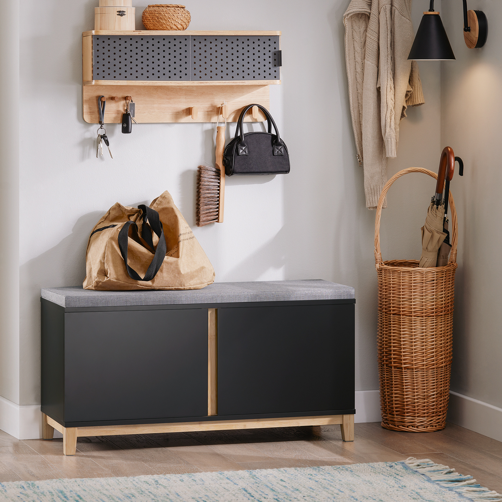 TEMU Panca Scarpiera con Seduta, Cassapanca Contenitore da Interno con 2 Ante, in Legno ingegnerizzato + Bambu� 90x34x46cm FSR117-SCH SoBuy
