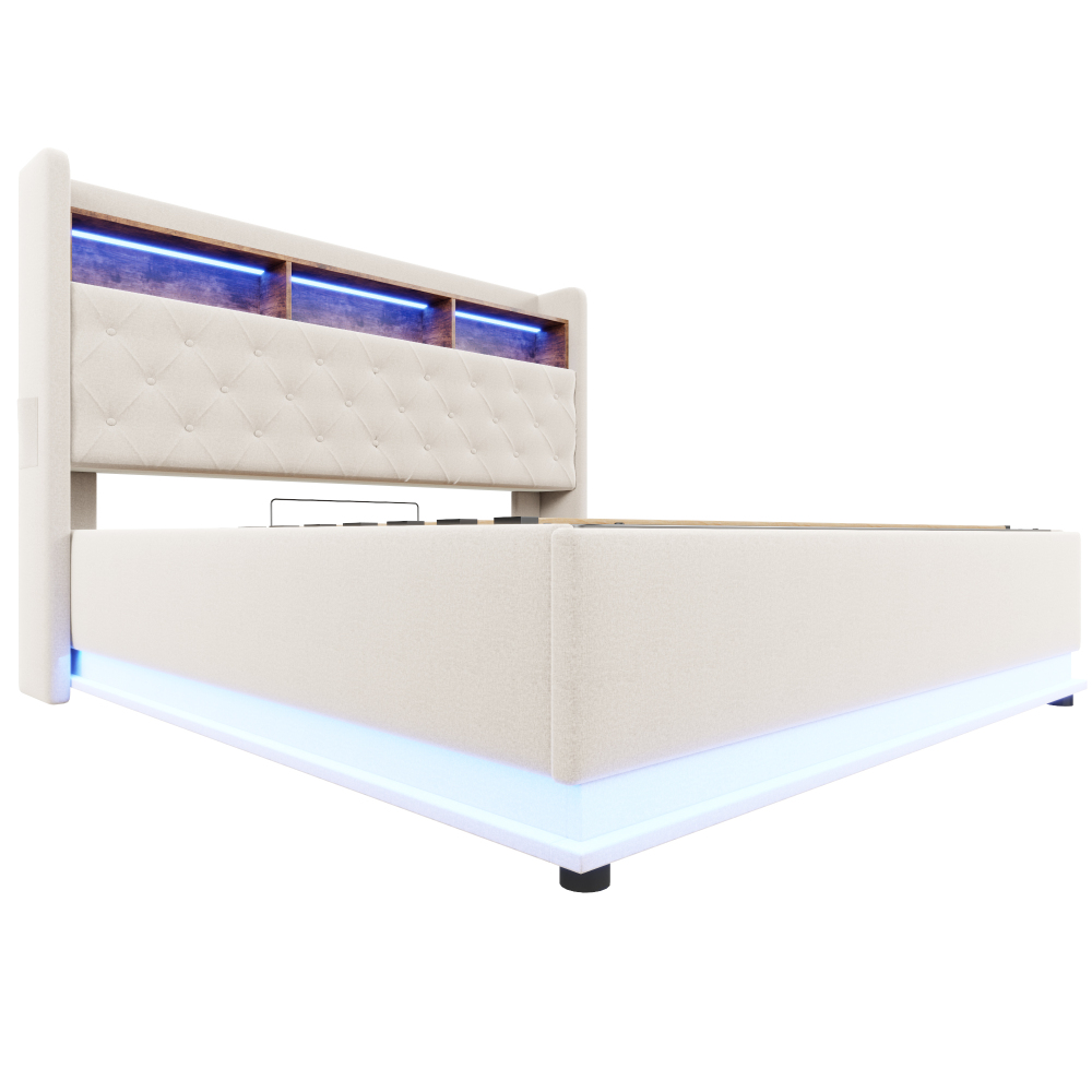 Image of 180 X 200 Cm, Luxurious Linen Bed, Storage, Stable Metal & Wooden Slatted Frame, Long-lasting Bed For Modern Home