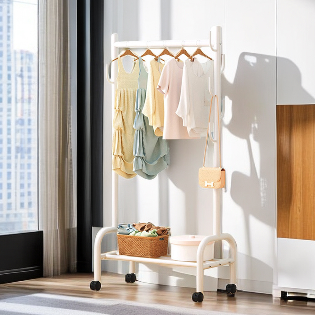 TEMU Rolling Metal Clothes Rail For Bedroom, Portable Clothing Rail With Bottom Shoes Shelf & Hooks, Free Standing Clothes Rack Clothes Drying Rack