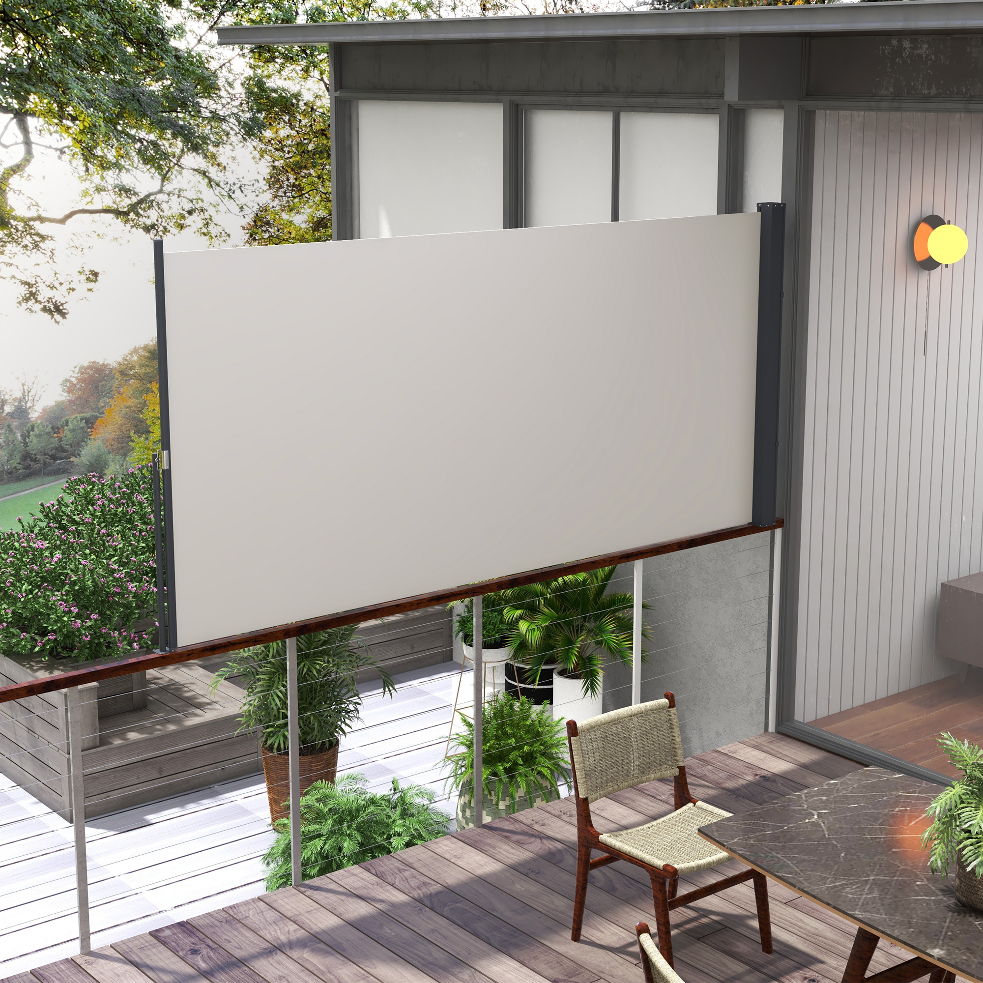 Retractable Side Awning, 300 X 100cm Garden Awning, Privacy Screen With Uv Protection, Wind Protection, Metal, For Terrace, Balcony, Polyester, Light Gray, Patio Privacy Screen