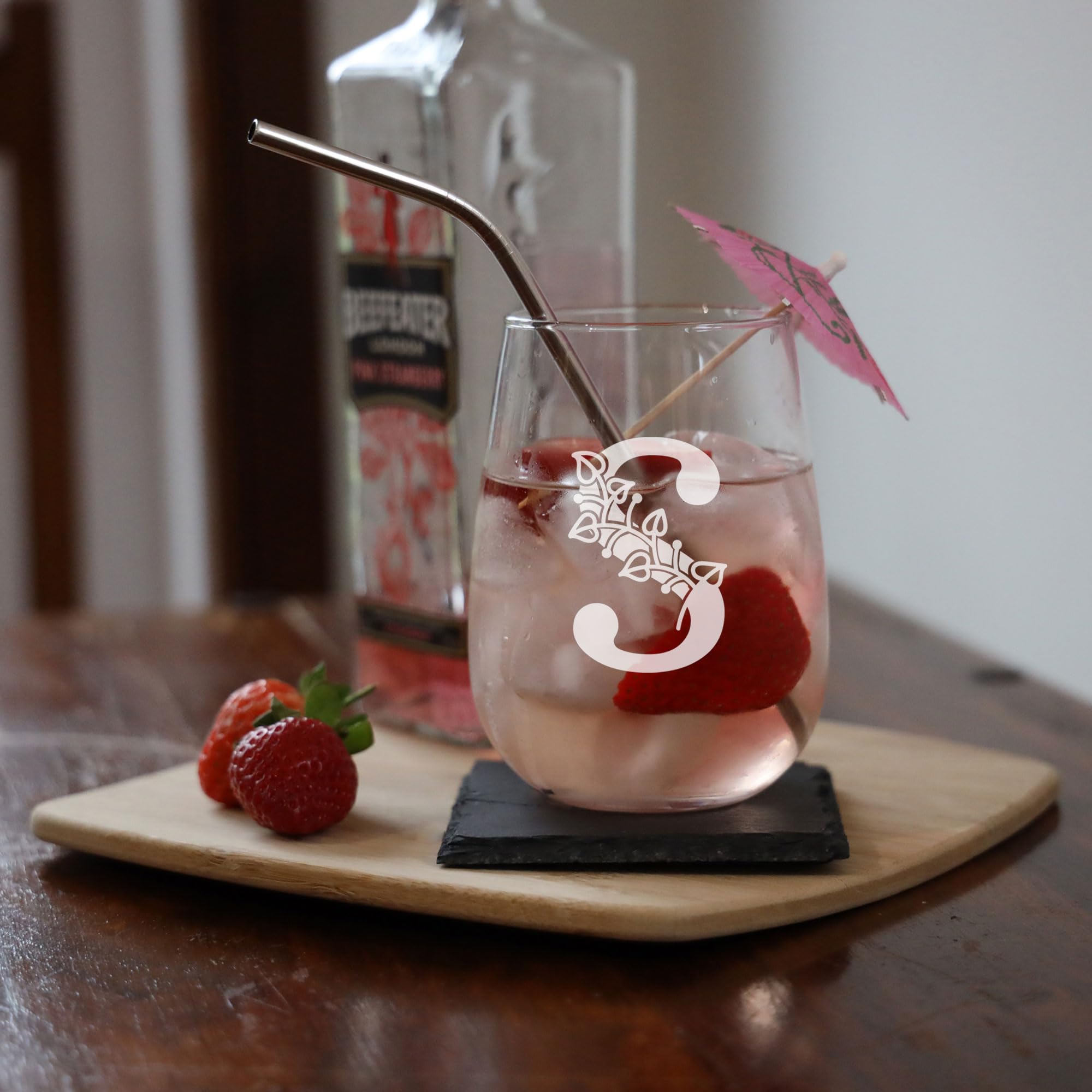 S Monogram Initial Etched Stemless Gin Glass, Engraved Gift