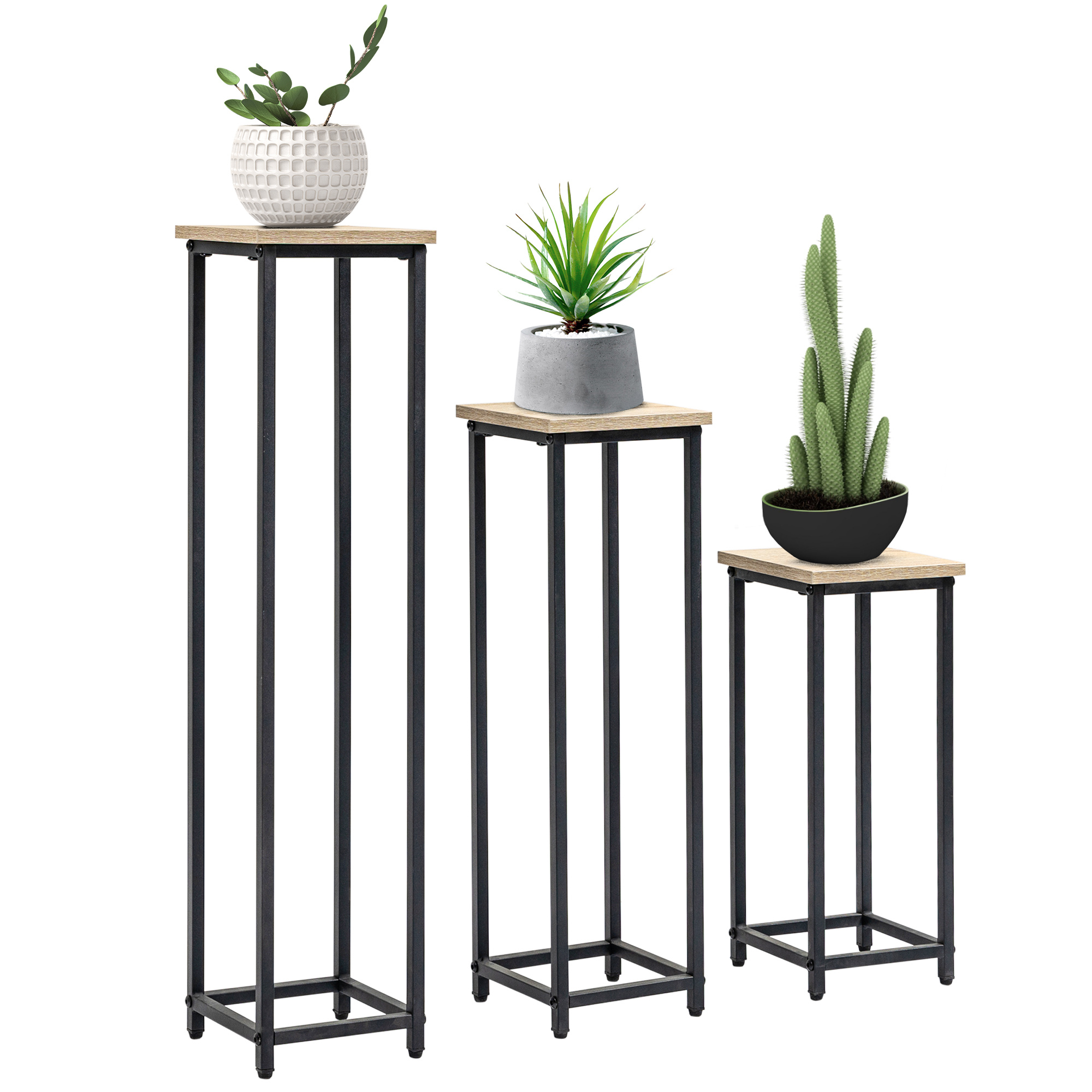TEMU Outsunny Lot de 3 supports pot de fleurs porte-plantes carrées empilables - 21 x 21 x 50/70/90 cm - acier