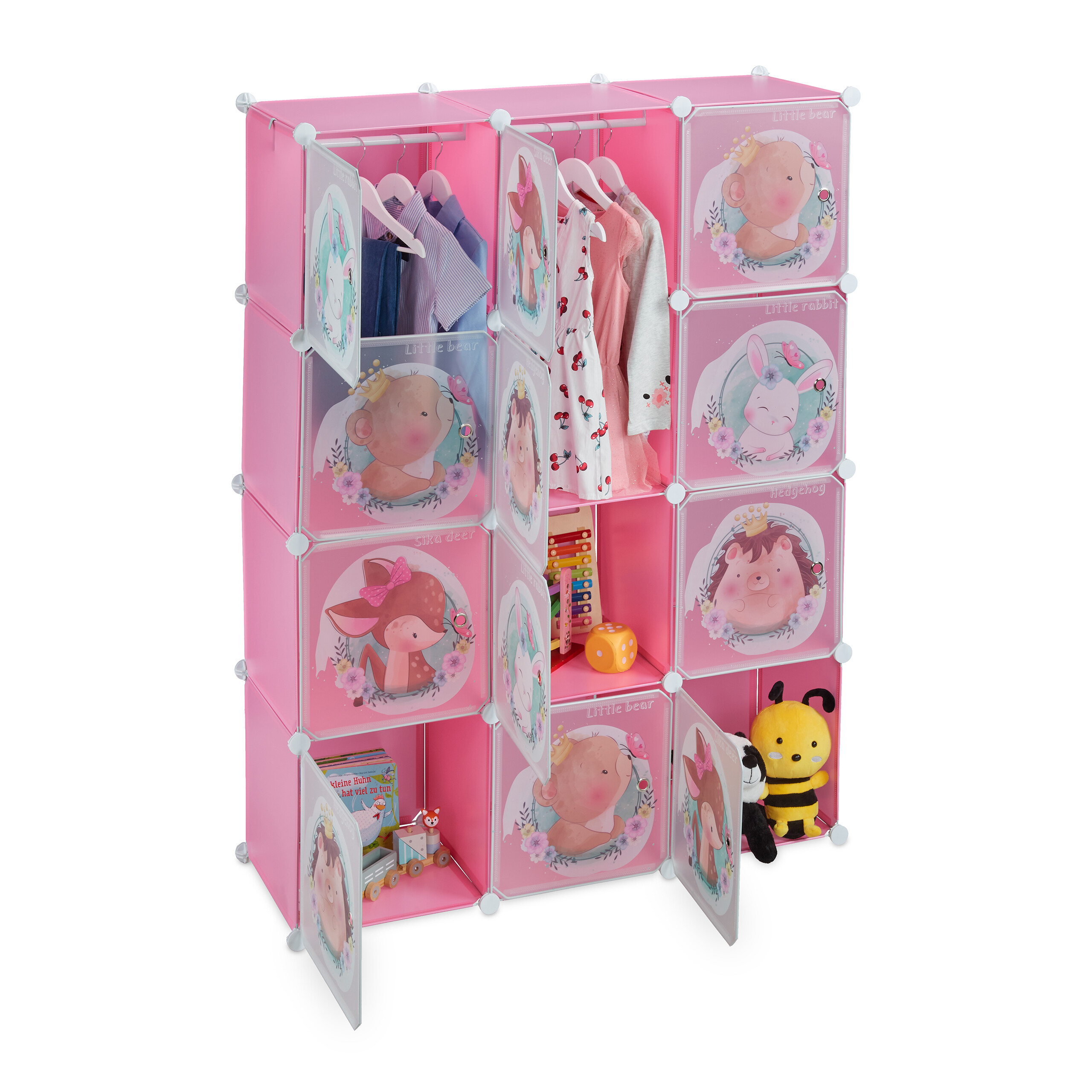 Image of Pink Peg Shelf, 2 Clothes Rods, 8 Cubes, 145 X 110 X 37 Cm, Plastic Panels And Iron, Doors With Animal Prints, For Kids' Room, Clothes And Toys, Cube Shelf, Kids' Wardrobe, Storage Shelf, Relaxdays