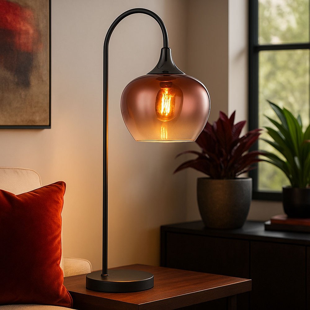 Image of Table Lamp, Clear Glass, Living Room Lamp, Side Lamp, Copper-colored, Metal, E27 Socket, Lxwxh 27.5x16x54 Cm, Not Included