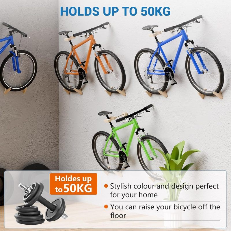 Wooden Bicycle Wall Mount with 50 kg Load Capacity for Road Bike, Mountain Bike, Hybrid, Tandem - Stylish Home Storage Solution
