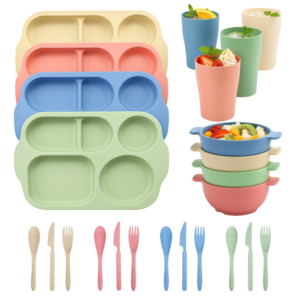 TEMU 24pcs Durable Plastic Compartmentalized Dinner Plate Set With Bowls Cups Spoon And Fork 4-person Cutlery Set - 5compartmentalized Bento Plate
