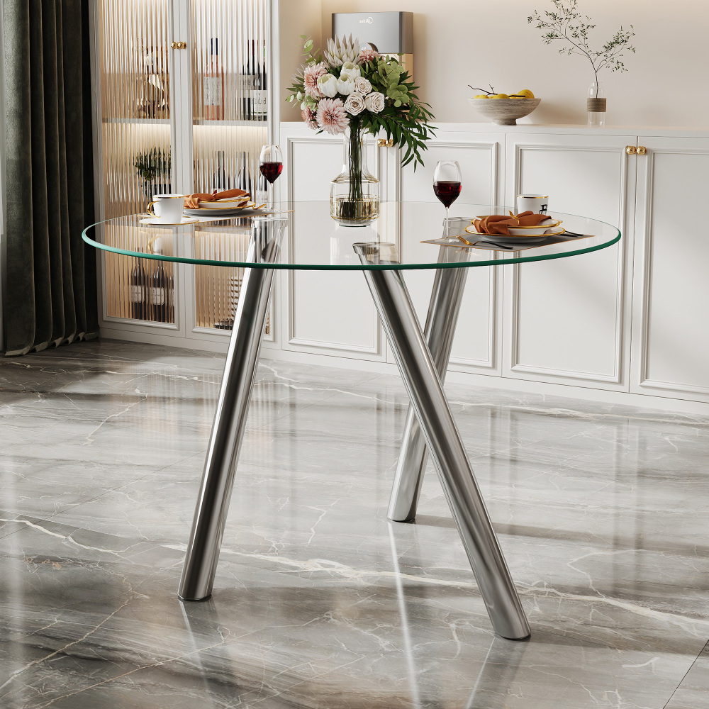 89 Cm Glass Dining Table, Transparent Tempered, Light Luxury Frame, Rounded Corners, Stable, Easy To Clean, Modern For Dining Room Or Living Room