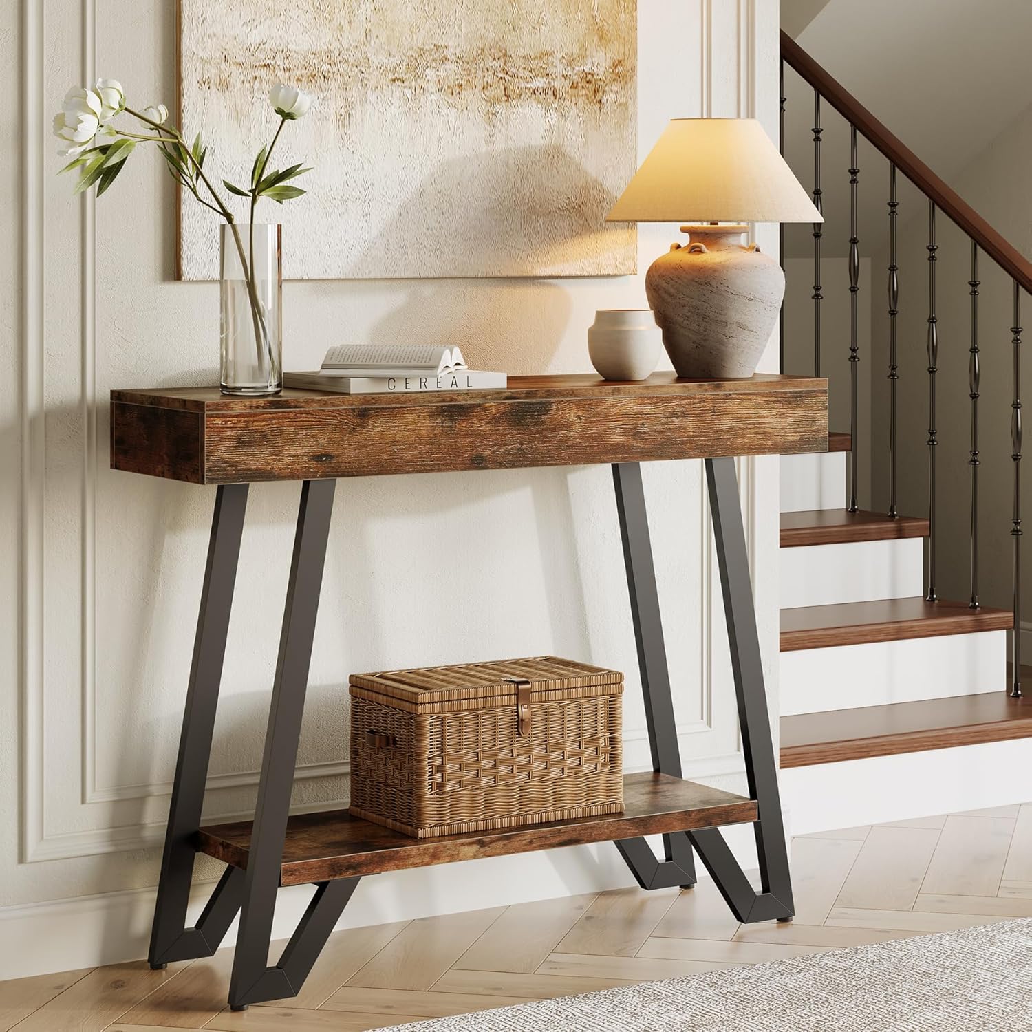 Small Console Table 103 Cm, 2-tiered Entrance Table With Storage, Rustic Narrow Behind The Couch For Living Room, Hallway, Foyer, Rustic Brown