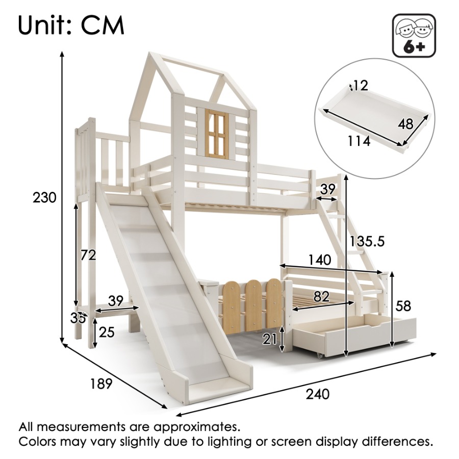 Bunk Beds for Kids, Wooden Cabin Bed with Ladder and Slide, Multi-functional Tree-house Bed, Children's House Bed, Twin Sleeper (90+135) x 190 cm, Solid Wood, White